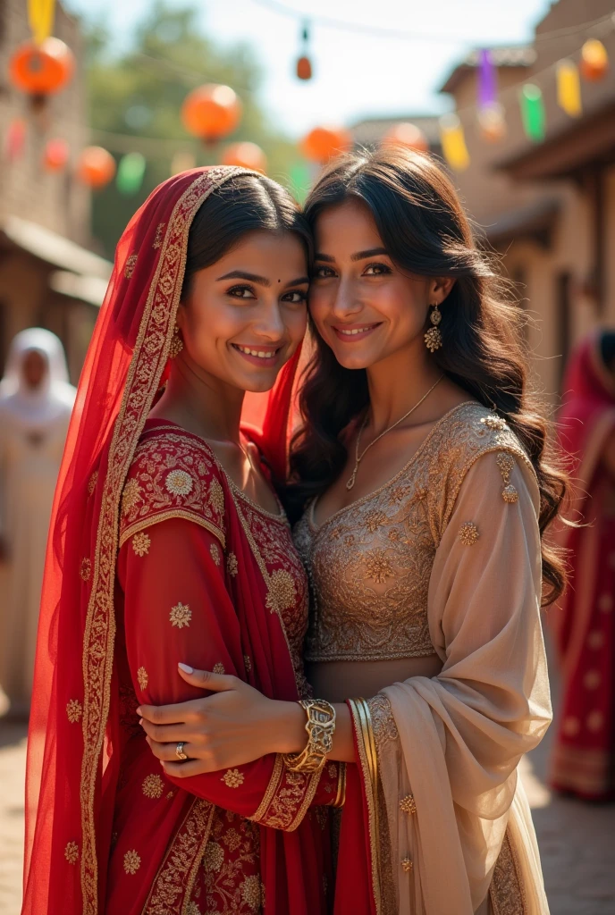 Arab girl with her mother, beautiful smile, big breast, curvy hourglass body, in village wedding.