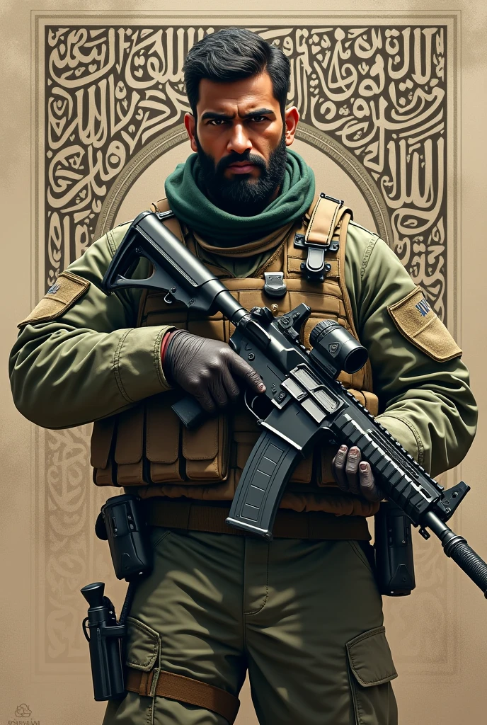 Create an image like Afghanistan army with gun with beard with missile .  in the background set "لآ اِلَهَ اِلّا اللّهُ مُحَمَّدٌ رَسُوُل اللّهِ "
name in the flag.