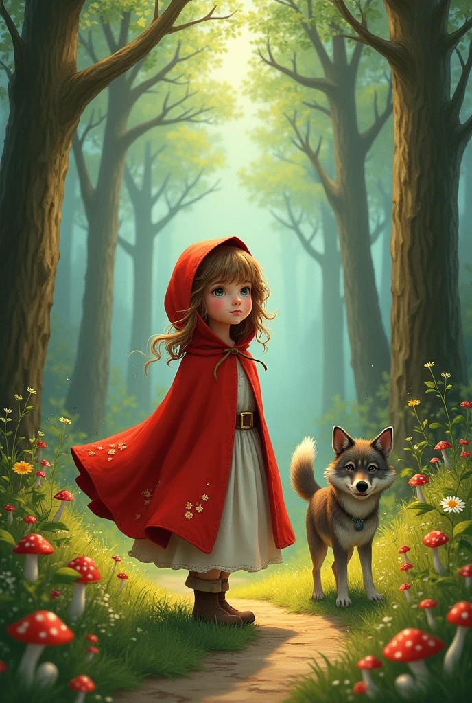 Images of a girl dressed in red in an enchanted forest with a gentle woodcutter, A friendly wolf and many fairy tales