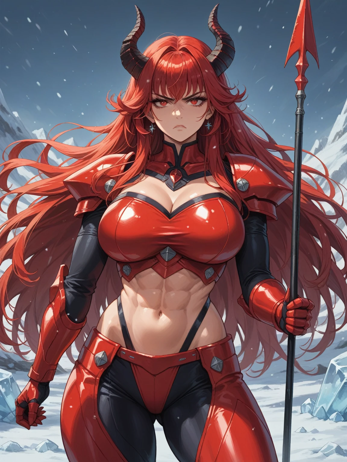 Masterpiece, very detailed, ultra detailed, one, (1 woman), Sporty body, six packs abs, she is in futuristic red armor with bright black details, with a red, large and detailed spear, in a stable and fighting position, long hair, straight hair and sharp bangs, bright red hair, red demonic horns, beautiful, charming, red eyes, elegant, Big breasts (huge), serious face, charming, against the background of snow, ice and winter.