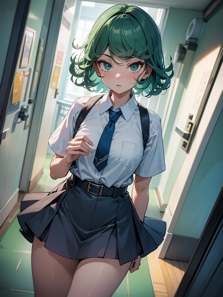 (high res, 8K, masterpiece, looking at viewer, best quality, very aesthetic, ultra detailed, ultra background, ultra Eyes) intricate details, 1girl, Tatsumaki, short sleeved white shirt, Light Blue Gray short skirt, Pockets on the left chest, Blue Gray tie, Wearing a belt, green short hair, green eyes, Normal Face, Background School Hallway, Cinematic Angle