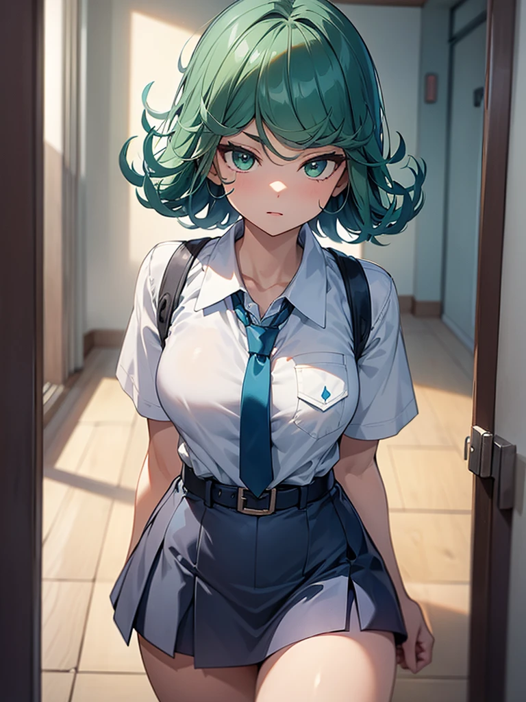 (high res, 8K, masterpiece, looking at viewer, best quality, very aesthetic, ultra detailed, ultra background, ultra Eyes) intricate details, 1girl, Tatsumaki, short sleeved white shirt, Light Blue Gray short skirt, Pockets on the left chest, Blue Gray tie, Wearing a belt, green short hair, green eyes, Normal Face, Background School Hallway, Cinematic Angle