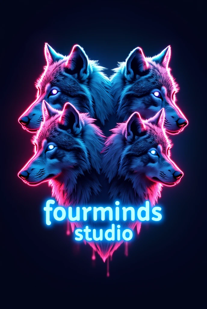 Four wolves in a neon-colored logo and that says FourMindsStudio in a blue neon. The perfect name was missing, just as blue as a wolf was missing, now with the name