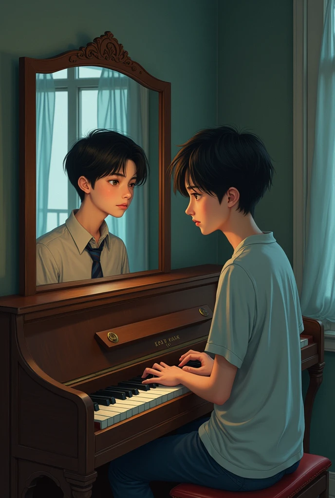 two boys. One 20 year old Asian boy passive hyper super realistic tender with copper hair with short blonde hair and navy blue eyes with longing and casual clothes, playing piano in an old abandoned house looking straight at the active boy in a mirror above the size of the piano, where you see another attractive boy, with somewhat long black mullet hair, sharp hazel slanted eyes and school clothes at school. youth soap opera