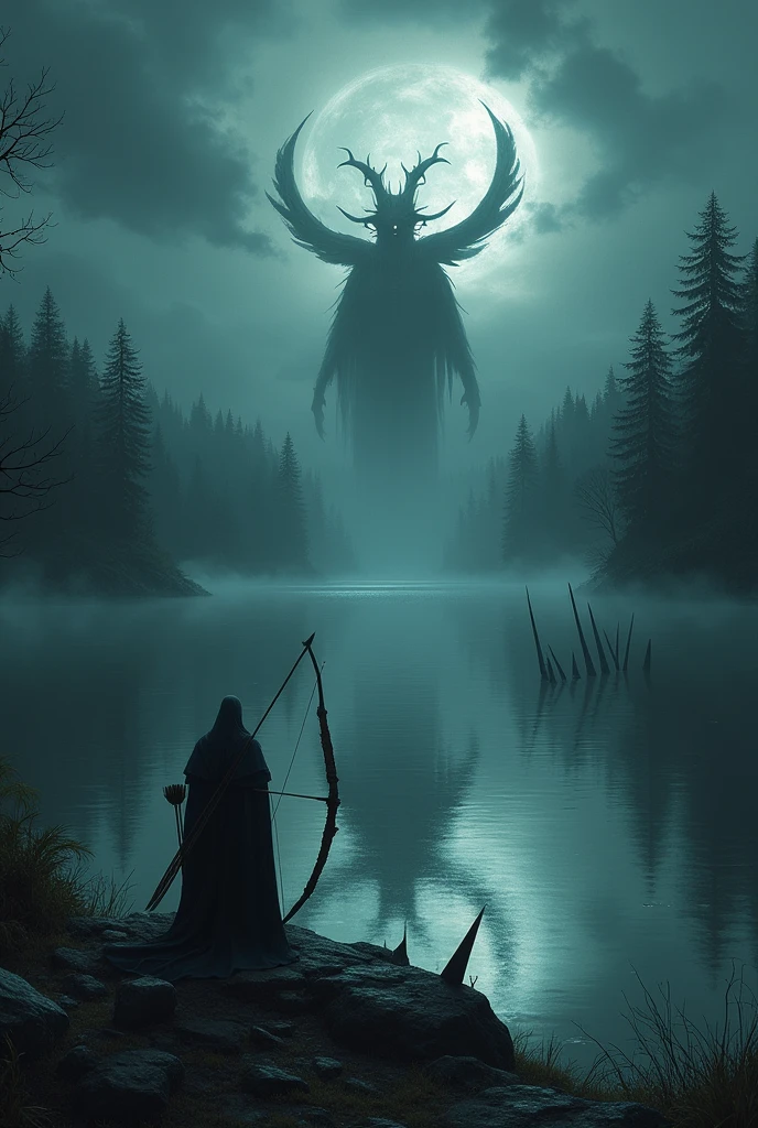 Create a lake in which, on its edge, there is a bow and arrow resting on a rock and, In the water of the lake, there is a shadow of a demon reflected, This sembra must be scary surrounded by several spikes. The scenery in the background should be a magical forest, and the day must be very cloudy and dark.