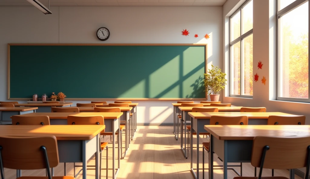 Clean classroom background with wooden desks and a chalkboard, light streaming through the windows, subtle autumn decorations such as a few red and orange leaves on the windowsill