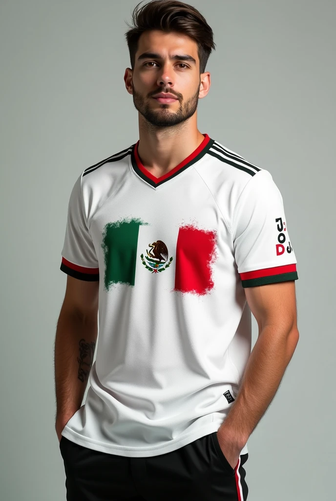 Interclass shirt with the Mexican flag on the chest, white with red and green details underneath.
On the right arm DJ and on the chest 7º3 
