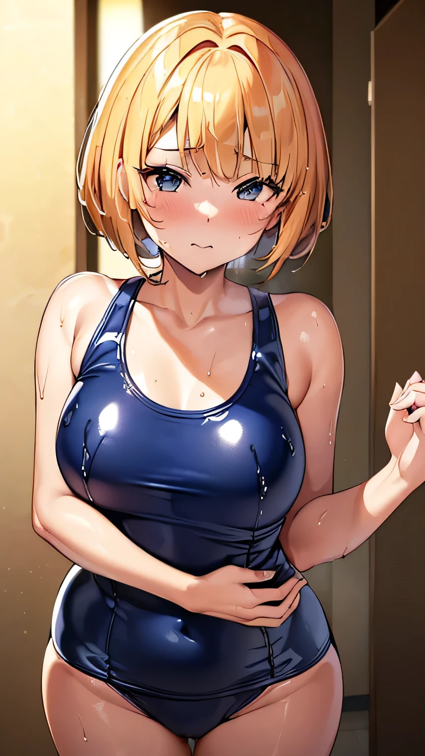 (8k, Highest quality, masterpiece:1.2),\(eye\),(\(Garment Details\)\),(Small breasts) ,High quality CG Unity 8k Large file,Very detailed,High resolution,美しいeye,Ray Tracing,Dramatic Shadows,finely,Hyper Detail,((wear、Navy blue latex school swimsuit))、Very wet、Middle school students、、Cheeky look、((Golden Hair、Short gal hair))、((front view))、Cowboy Shot、Cheeky look、、((hotel bathroom background))、((View your viewers))、Blushing、Very sweaty、((Exhale, haa))、slightly plump figure、((Brat))、((胸がVery wet))、((Turn your body to the viewer))