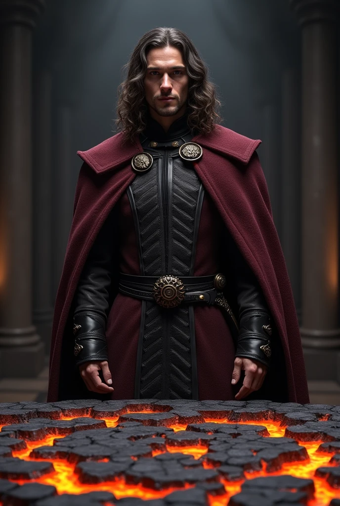 A handsome Targaryen Prince with long curly dark brown hair, he's wearing a woolen dark maroon colour prince outfit with black details, he's standing near a war council table made of black obsidian and with lava flowing through small streams like making a map on the table,a sword on his waist.Dark wall room background