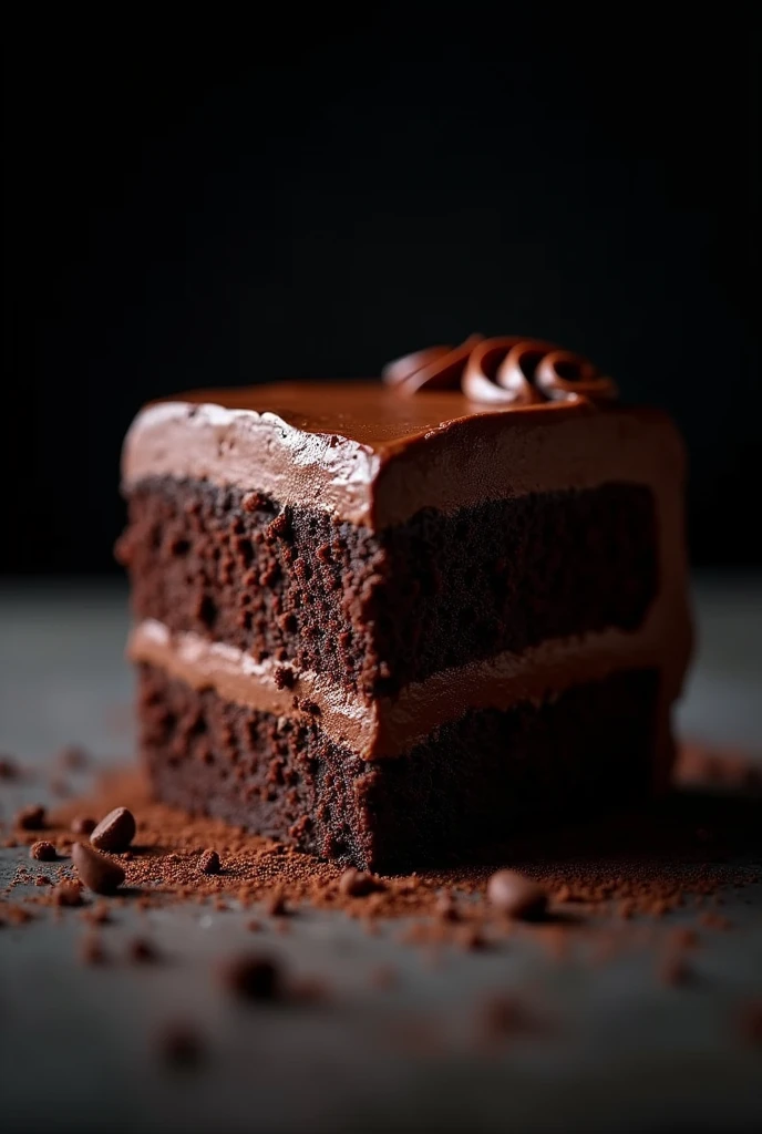 cinematic film still chocolate, chocolate cake, dark background, quality photo, moist texture, frosting, studio photo, slice . shallow depth of field, vignette, highly detailed, high budget, bokeh, cinemascope, moody, epic, gorgeous, film grain, grainy