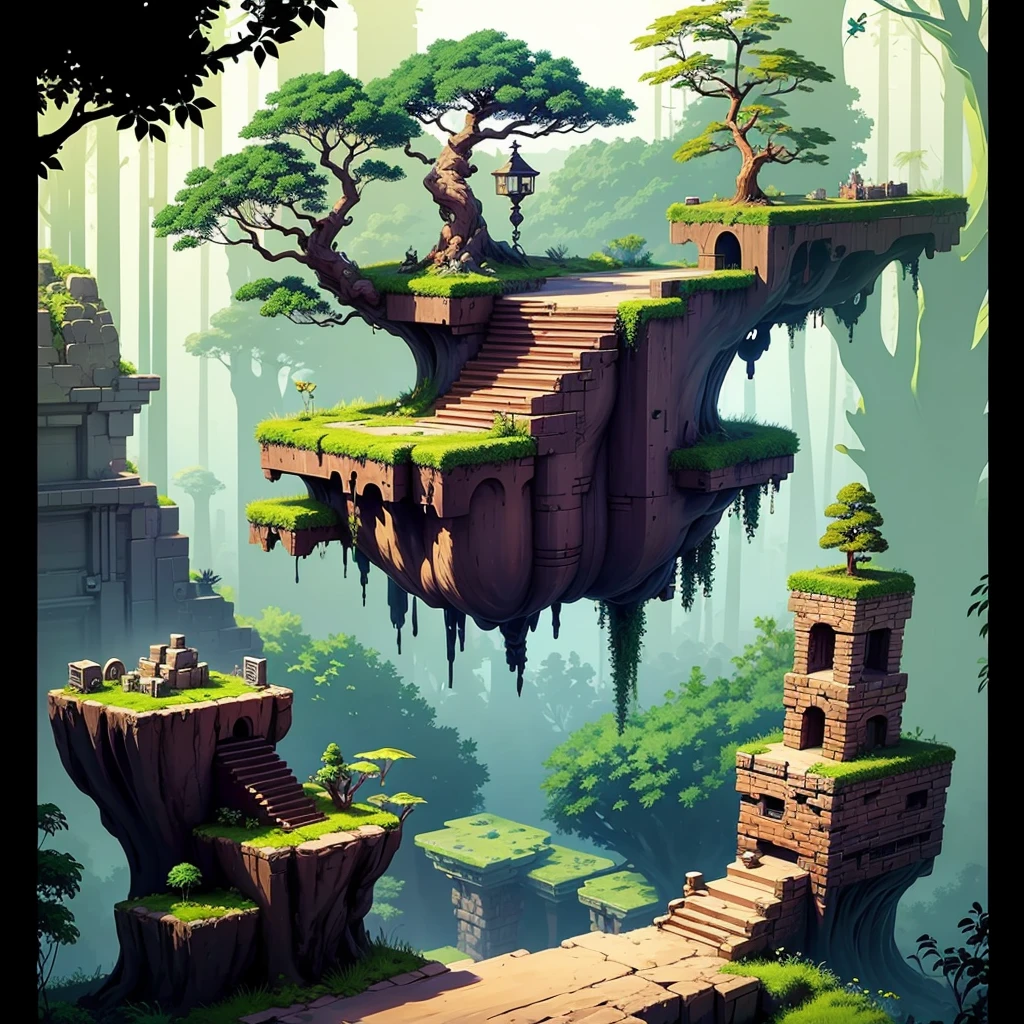 A jungle of platform games, Trees, blocky, stones, chests, leathers, side scroller