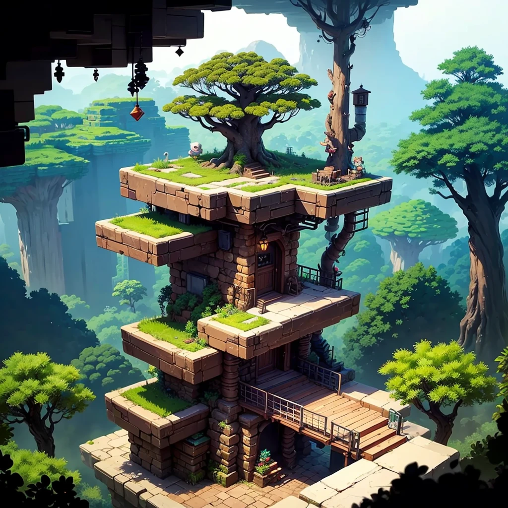 A jungle of platform games, Trees, blocky, stones, chests, leathers,  side scroller