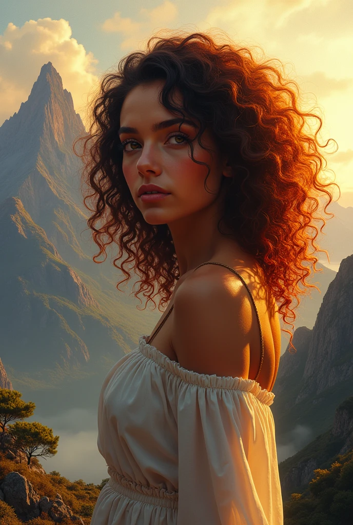 Woman with curly hair, on a mountain
