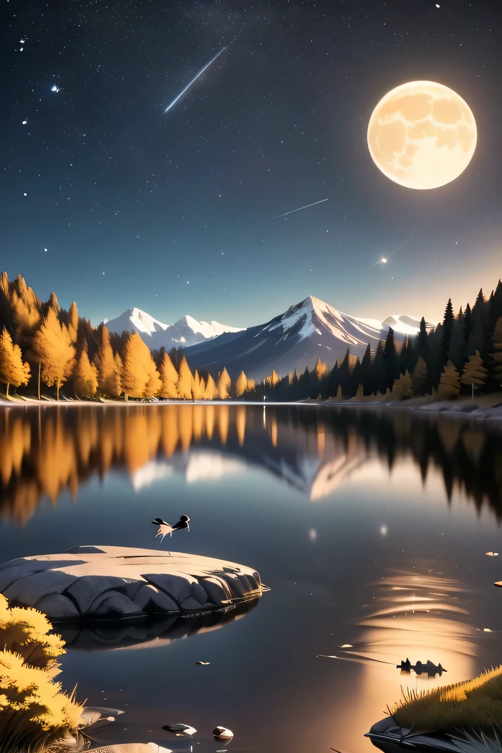 Very starry night. A huge moon behind the mountain. A tranquil lake reflects the night. The sunset is accompanied by flying cranes. Realistic scenes, detail, photorealism, 8K