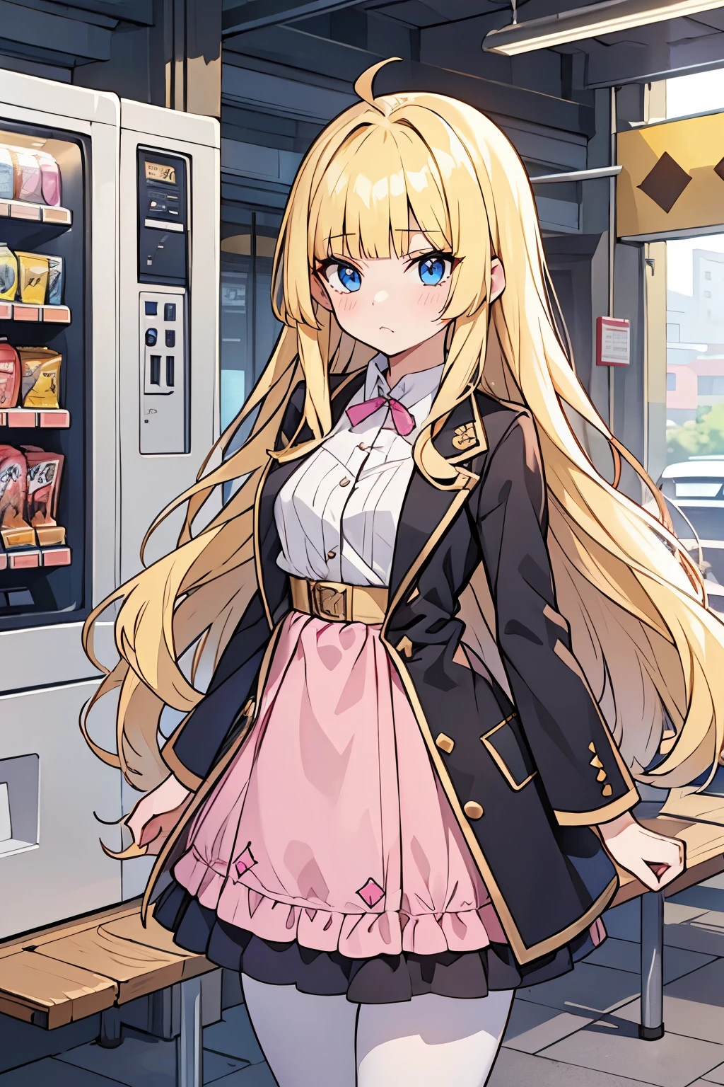 cowboy shot, Young adult girl, best quality, 1 girl, female figure, yellow hair, blunt bangs, extra long hair, crystal blue eyes, golden blonde hair, voluminous hair, disheveled wavy hair, cute girl, (medium small breasts), (young female body: 1.4) , Train station background, vending machines and benches, pantyhose, pink pron dress, long sleeves, dark pink dress, lapel dress