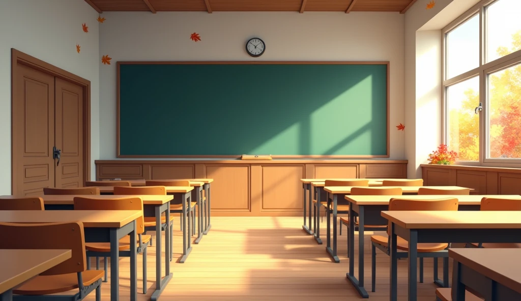 Clean classroom background with wooden desks and a chalkboard, light streaming through the windows, subtle autumn decorations such as a few red and orange leaves on the windowsill