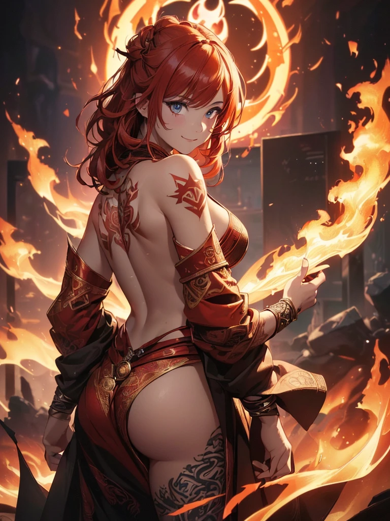 (((best quality, sharp image, clear image, cinematic lighting, 8k resolution, masterpiece, ultra detailed, intricate))) Girl, (((looking over left shoulder))), (shot from behind), fire mage, ((intricate background)), ((chaotic background)), red hair, smiling, ((flame runes, flame sigils)), (tatoo on back), slim figure, flying sigils
