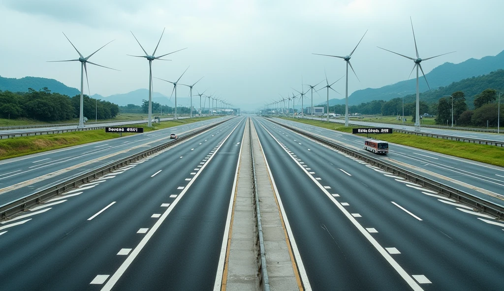 draw a runway with two express lanes and two side lanes express lanes should be two-way: Rio de Janeiro and Sao Paulo.
the length of the runway must be 26 km at the end of the runway heading towards Rio de Janeiro there must be a barrier with the name of "Arujá"
the margins must have 4 entries and 4 exits by needles in both directions the layout of the tracks must be horizontal the image in widescreen format the track must also have handles