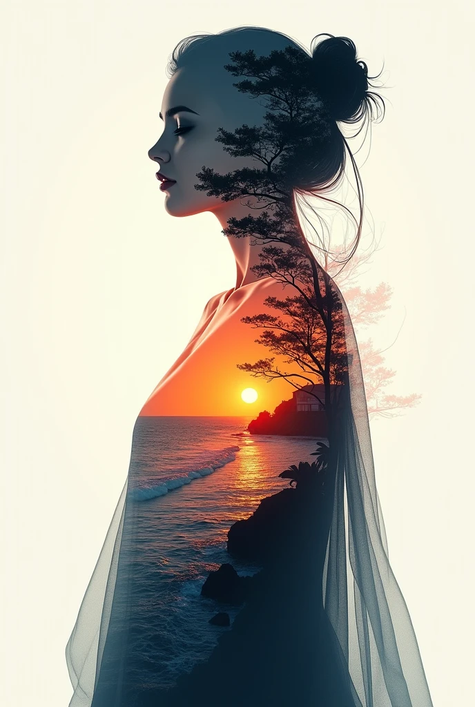 high qualiy, 8k Ultra HD, Uma linda Double exposure que combina uma silhueta de deusa com costa ao pôr do sol, the coast at sunset should serve as a backdrop, with its details incorporated into the goddess, Sharp lines, The background is monochromatic, sharp focus, Double exposure, By Yukisakura, stunning full colors.