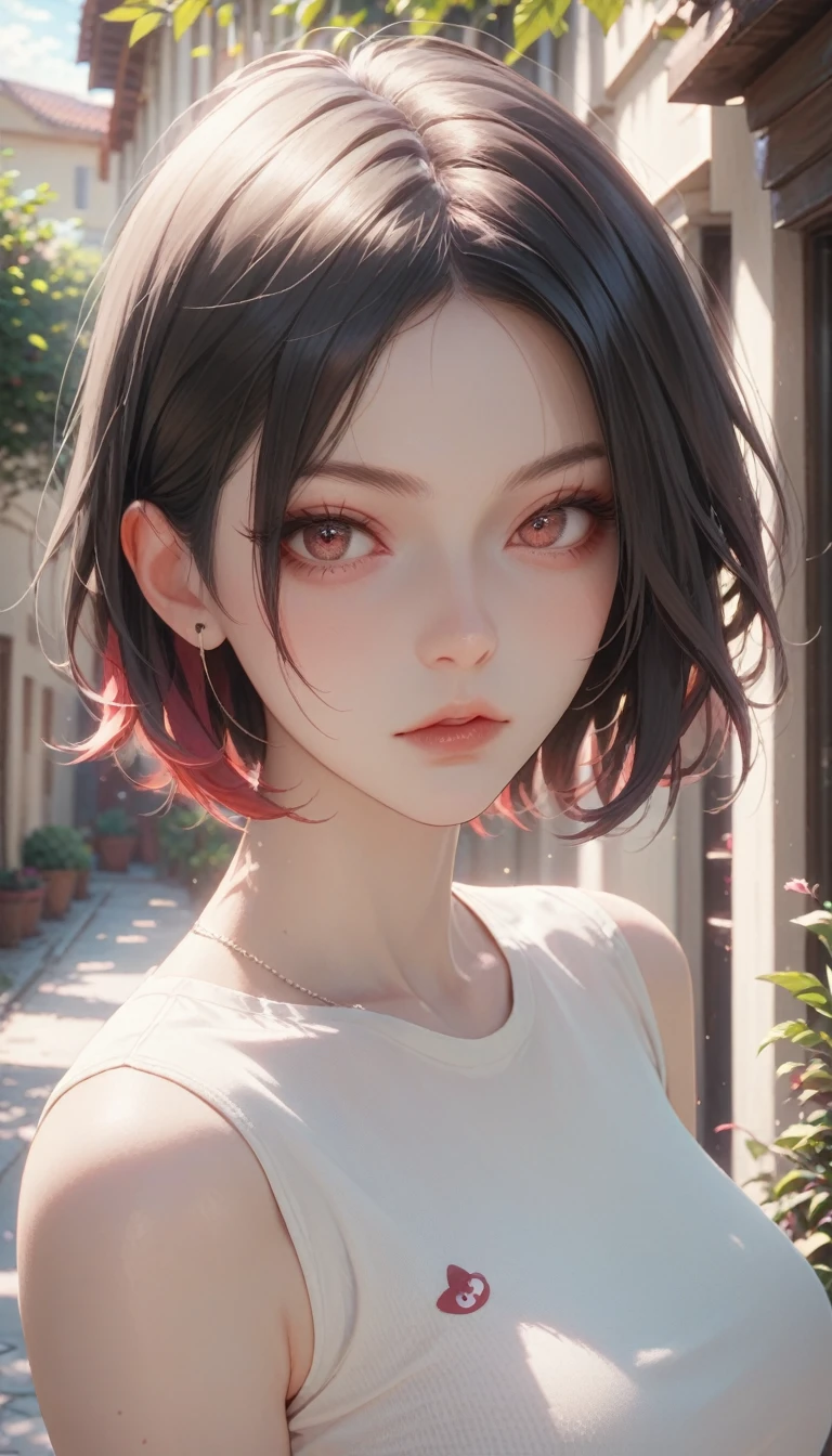 1girl, short hair, soft bangs, middle part, demon stare