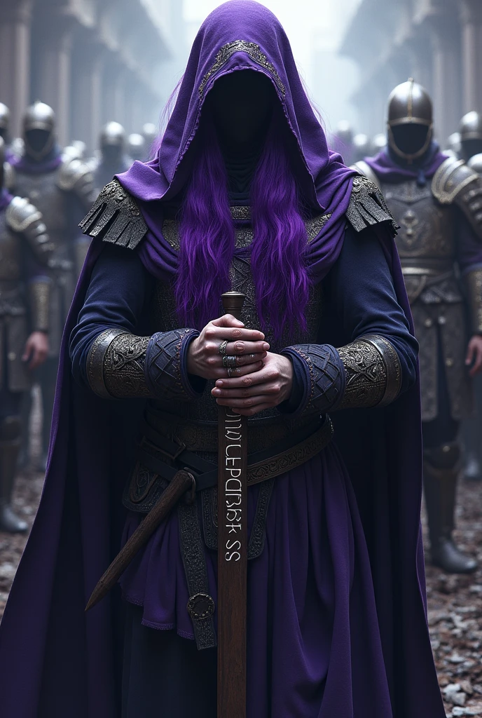 A purple-haired reaper man, leader of a guild, holding the word Plunderes in his hands and behind him his army of warriors.
