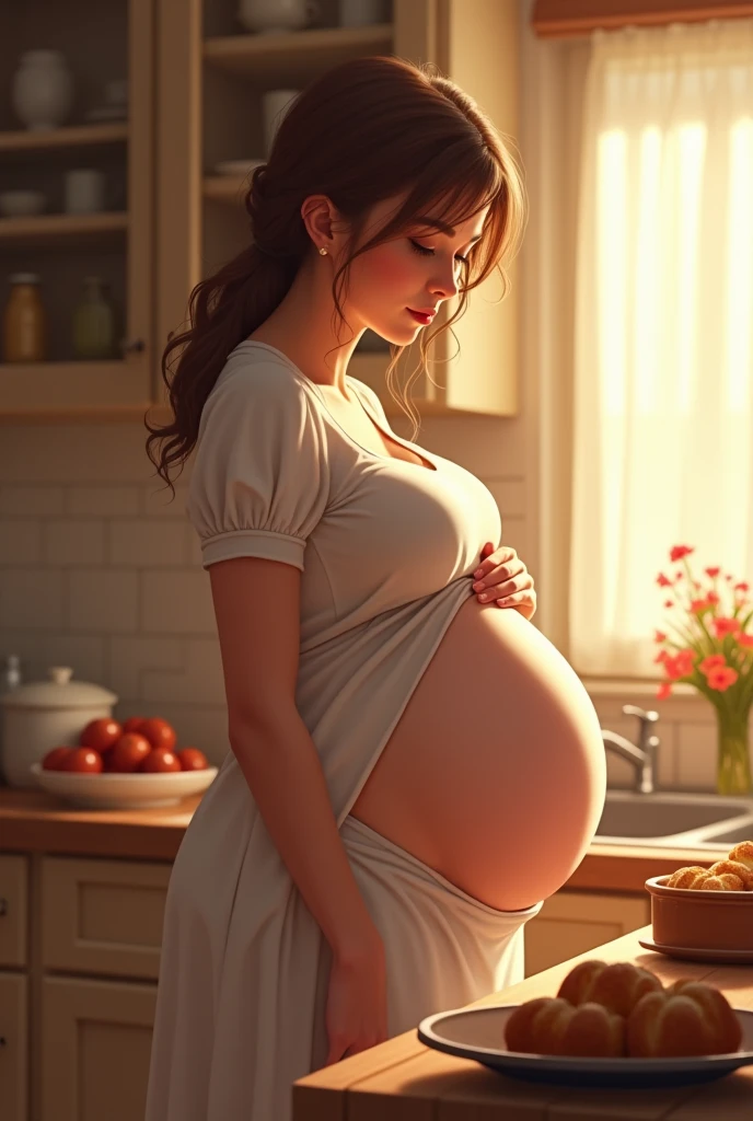 Pregnant woman, kitchen, baking, housewife, beautiful, cozy, soft face, huge butt, curvy butt, tight dress