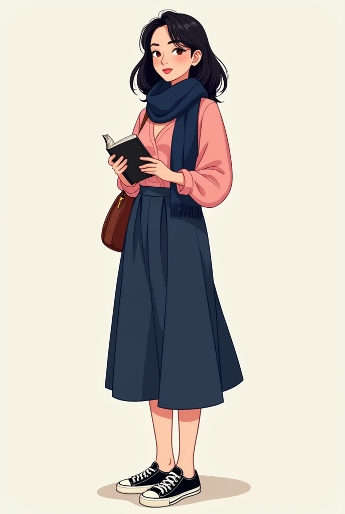 Disney cartoon image of a 25-year-old woman with medium-short black hair, with a navy blue skirt, black closed-heeled sneakers, a low pink blouse and a navy blue scarf around her neck and with a book in her hand