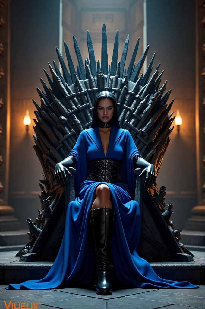 Create an image of Kitana from Mortal Kombat sitting on the Iron Throne 