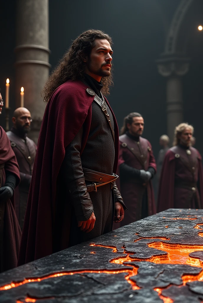 A handsome Targaryen Prince with long curly dark brown hair, he's wearing a woolen dark maroon colour prince outfit with black details, he's standing near a war council table made of black obsidian and with lava flowing through small streams like making a map on the long large table,a sword on his waist.Dark wall room background