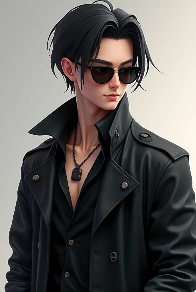 "Create a smart-looking character perfect for YouTube reels. The character should have a modern, stylish appearance, wearing sunglasses and a black jacket. The character should have black hair and wear a neck locket, adding a touch to their look. The overall vibe should be cool and body State