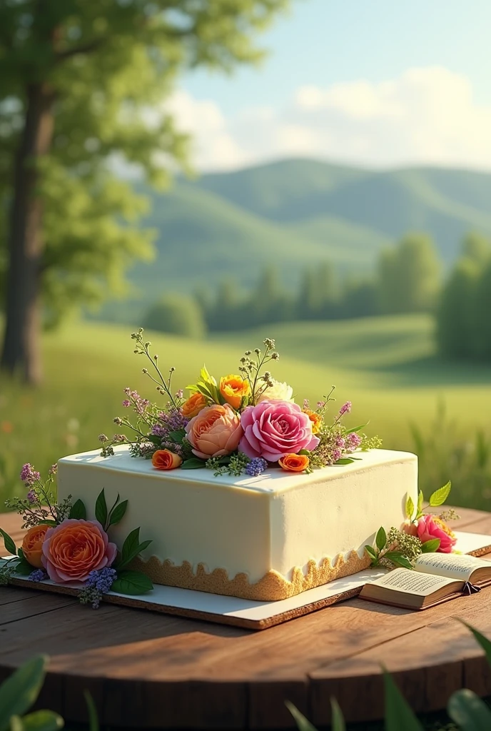 A rectangular, single-tier cake decorated with wild flowers and foliage, Celebrating the first anniversary of a country church. Background with hills and trees and above a small open bible