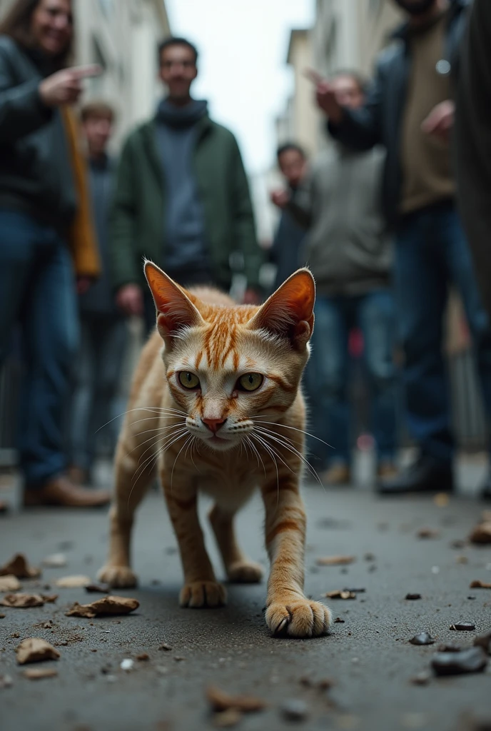 a sick cat in the street skinny and people point at it and they laugh at it
