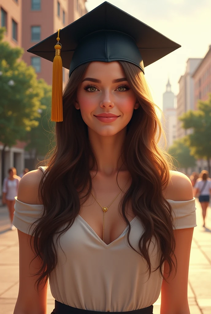 A brunette high school graduate with long straight hair