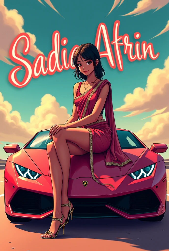 A anime girl who is sitting on a Lamborghini's front side.She is wearing sari and his name is written in the background. And his name is Sadia Afrin