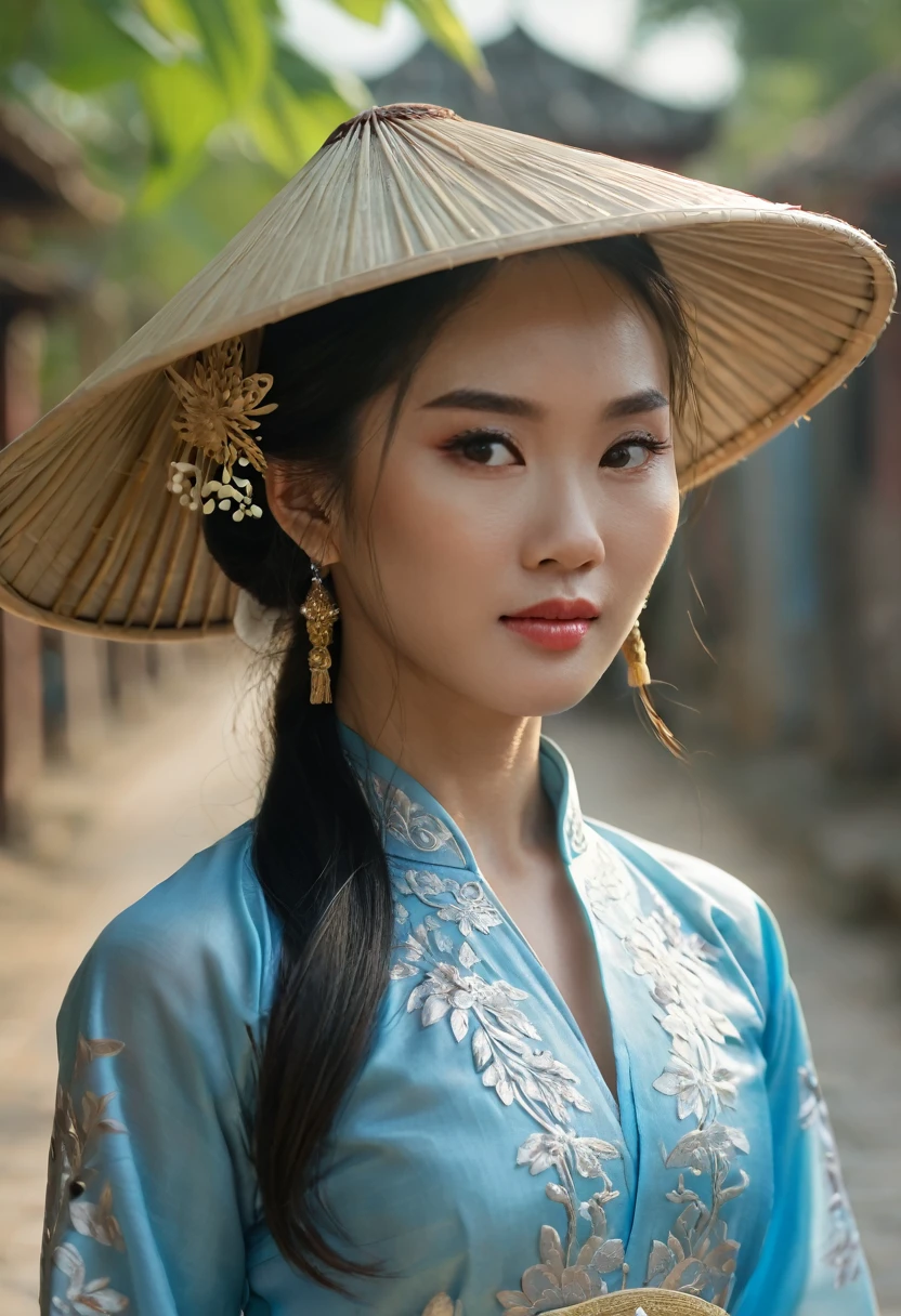 far shot, high camera angle of beautiful Vietnamese girl in stylist light blue ao dai costume, gorgeous, sophisticated design, bold fashion, impressive figure, oriental Hoi An scene, cool style, magical shimmering, flying petals, realistic details, extremely detailed, 8K, super realistic, dynamic pose, cinematic lighting, low vivid, cinematic color tone, non la, Viet Nam conical hat, super detailed skin, wind blown
