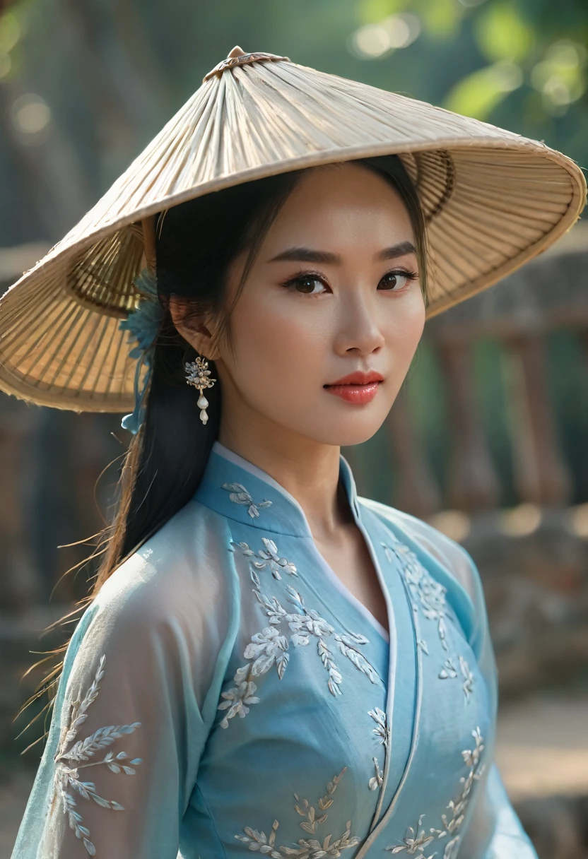 far shot, high camera angle of beautiful Vietnamese girl in stylist light blue ao dai costume, gorgeous, sophisticated design, bold fashion, impressive figure, oriental Hoi An scene, cool style, magical shimmering, flying petals, realistic details, extremely detailed, 8K, super realistic, dynamic pose, cinematic lighting, low vivid, cinematic color tone, non la, Viet Nam conical hat, super detailed skin, wind blown
