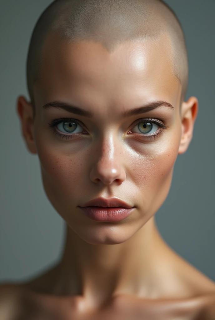 photorealism, hot bald woman, pinterest woman, 4k, ultra realistic, skin texture, pores, photorealistic, model, hyper realistic, RAW photo, photography, gorgeous, face close up, in focus, staring straight forward