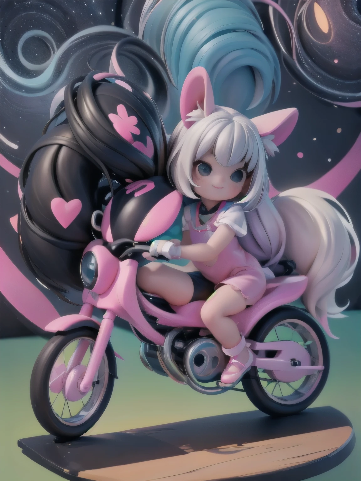 a cute kawaii girl riding a bicycle, night scene, fantasy wolrd style, candy world