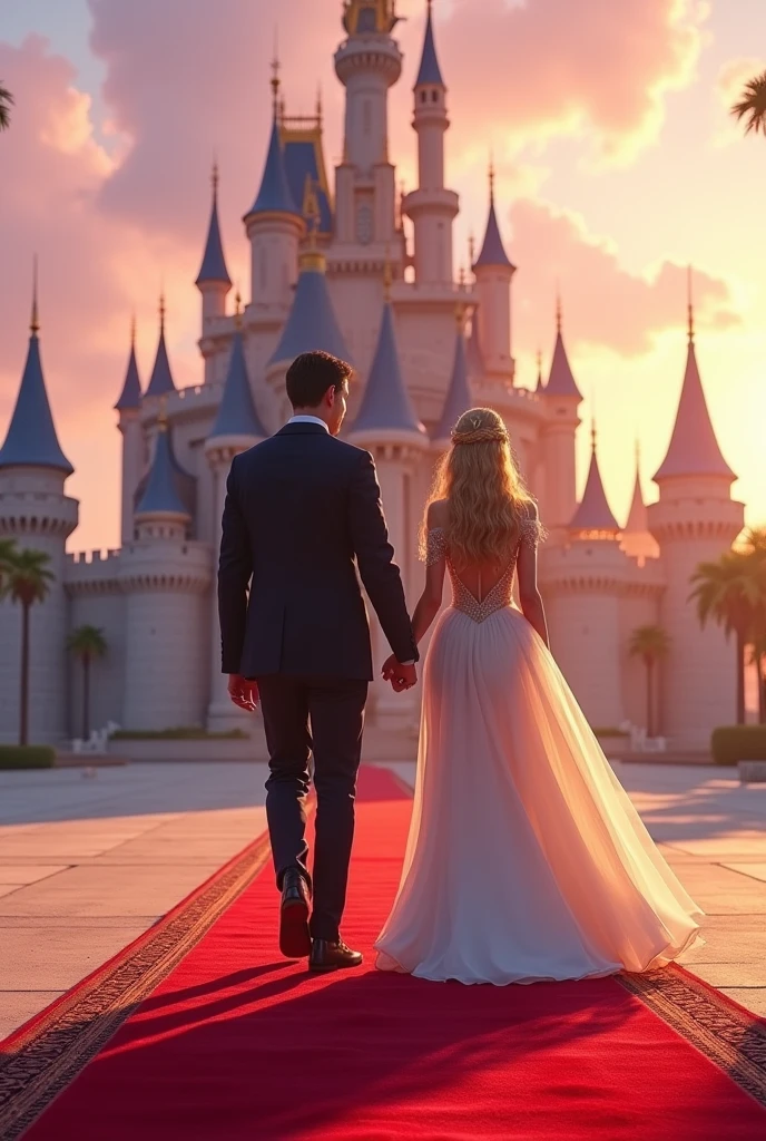 Perfect taller and handsome king with short straight dark hair walk on the beach with perfect beautiful so much long super long curly blonde hair princess they walking together on red carpet at the big celebration party in front of they pink and purple tone big luxury castle