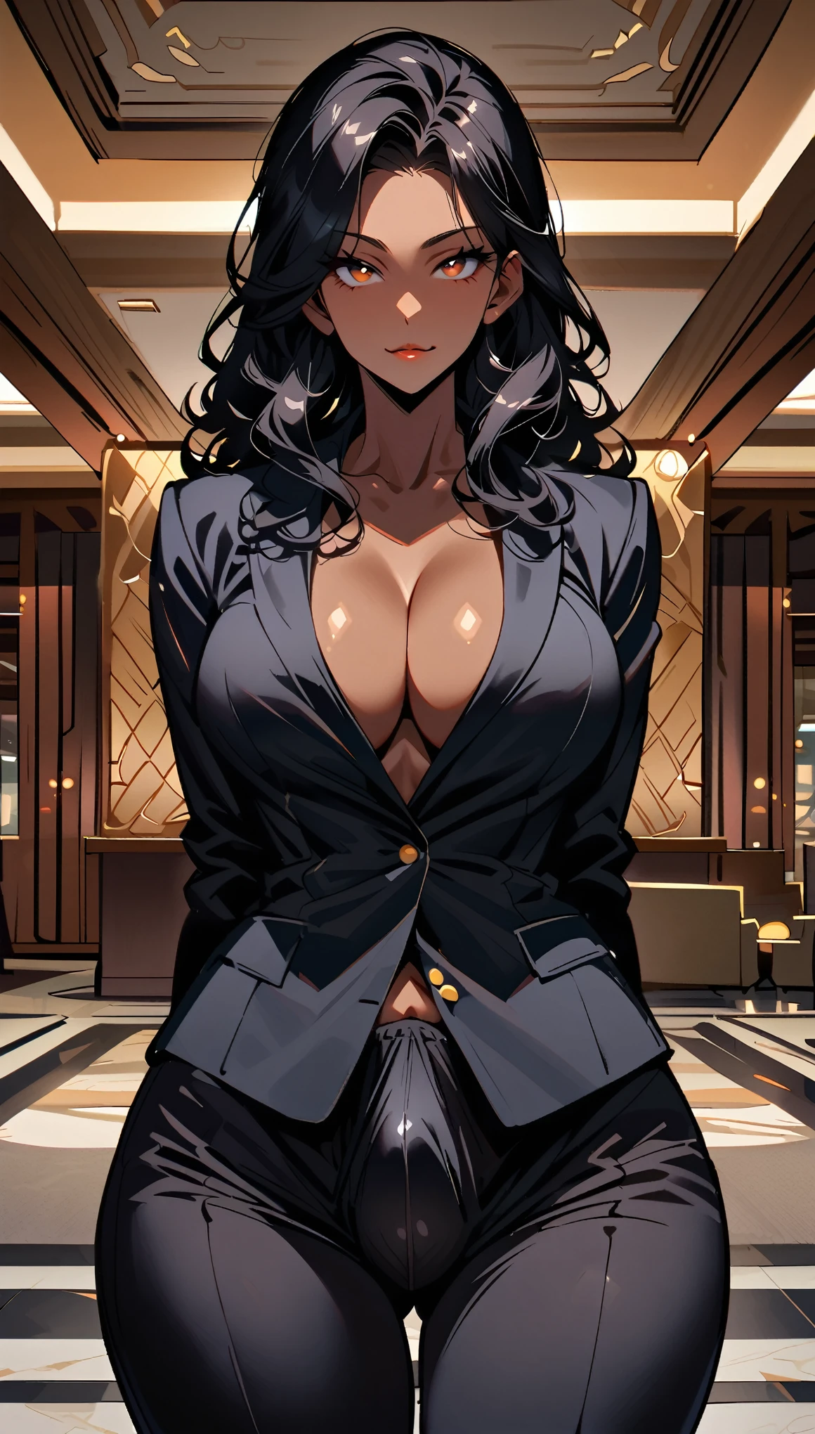 (Long wavy black hair:1.2), Beautiful 45 year old lady female futanari, curvy body, Brown Skin, (bulge in crotch:1.1), (Wearing a black jacket and tight black pants;1.3), View from the front, Waist up shot, stern pose, Intricate facial details, hotel lobby