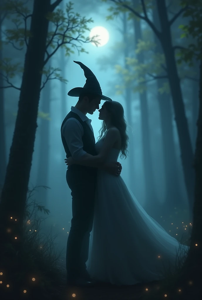 Two souls. blurred. Hugging in the middle of a dark forest lit by the moon and fireflies. One of them seems to be only a figment of imagination as the void claims his body. Two ghostly black silhouettes of men. One wears a wizard&#39;s hat on his head 