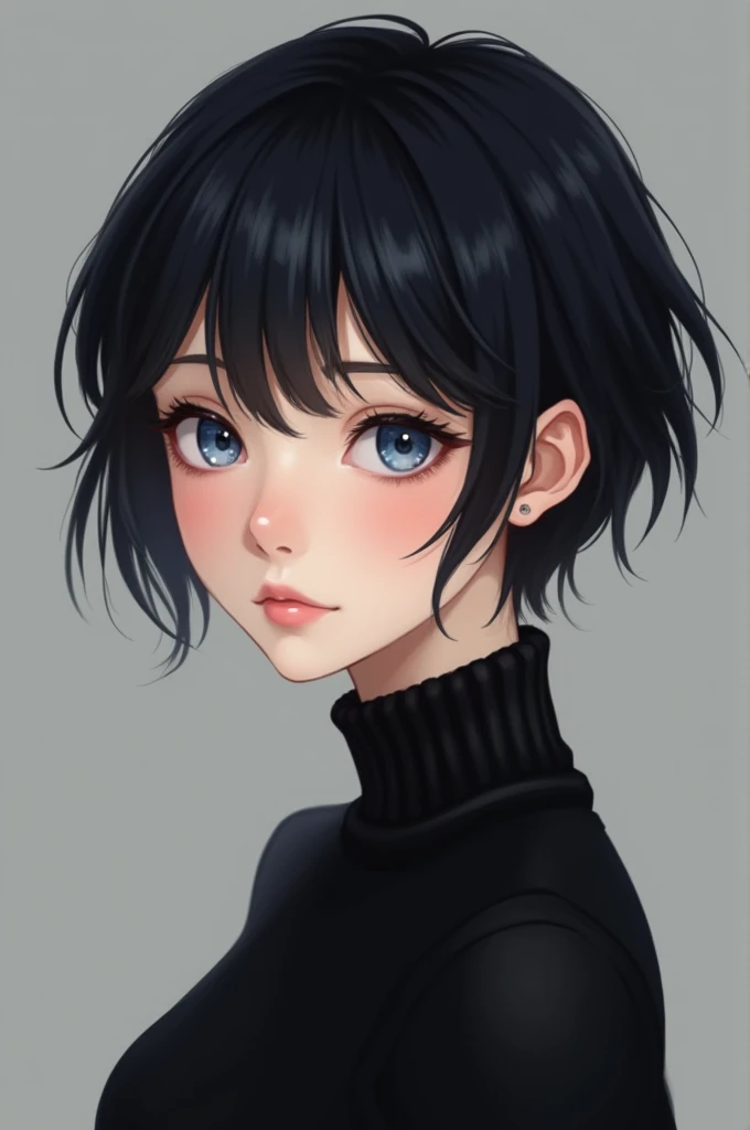 A girl with short black hair and blue eyes, pale and soft skin with pink features, black and elegant clothes, beautiful, soft, cute, long eyelashes, turtleneck sweater, pixie bob hair, adolescent