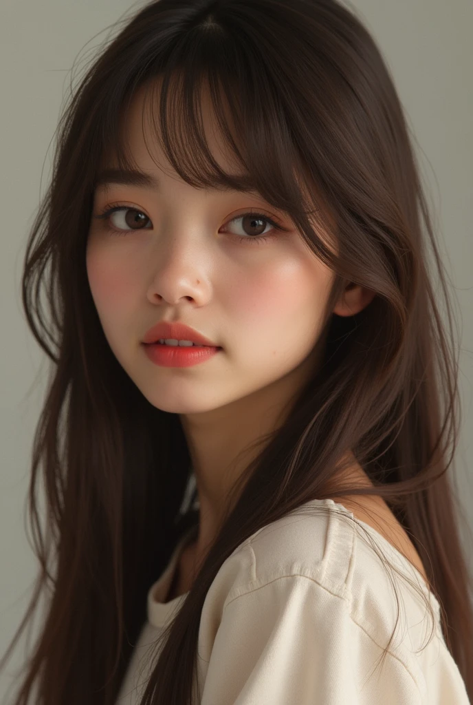 a teenage woman,brown skin,straight hair with a little bit of waves and medium brown color,the hair is elbow length and with a curtian bags,round shaped eyes and hair color,thin and clear eyebrows, full mouth with a cupid&#39;s bow, straight and medium nose, formato da cabeca redomdo ,realisitic
