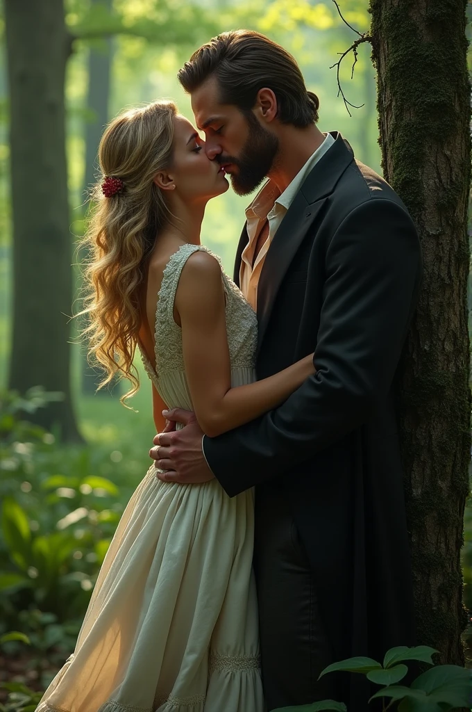 1 beautiful woman, 18 year old young woman, seamless, peasant, delicate knee-length dress, blondie hair, A tall, muscular strong man dressed cordially, like an elegant du, Seriously, Eyes red, 30years.
Ele está a segurando na parede, mordendo o pescoço dela
face They are in a forest