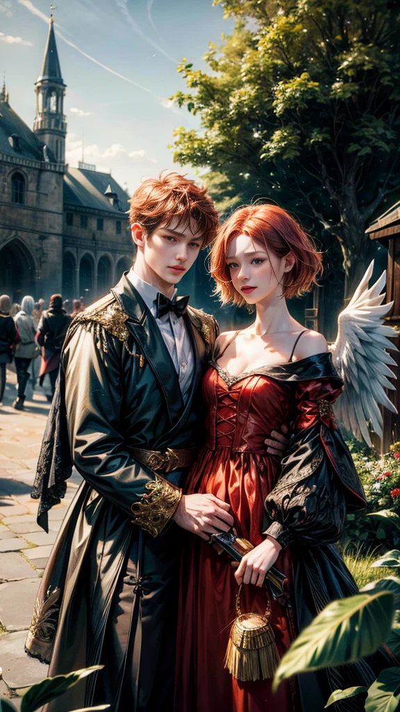 (absurdres, highres, ultra detailed, HDR), masterpiece, best quality, legend of mana character, winged guy villain, black outfit, red hair, yellow eyes, short hair, detailed face, handsome face, anime eyes, at the town market in domina , weapon market, magic tools market, aesthetic scenery, detailed character, detailed outdoor scenery, art kenouji