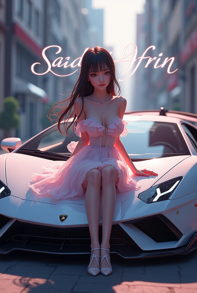 A anime girl who is sitting on a Lamborghini's front side.She is wearing a fairy dressand his name is written in the background. And his name is Sadia Afrin