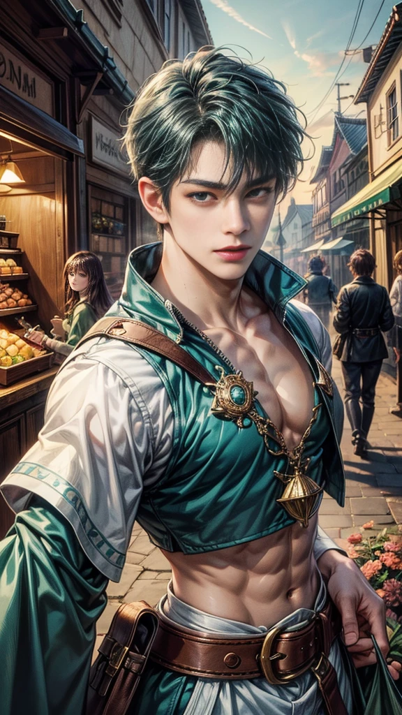 (absurdres, highres, ultra detailed, HDR), masterpiece, intricate details, best quality close-up picture of a character from Ragnarok Online, a character with handsome looks, korean face, original hair, short hair, anime dark teal eyes, silly face, matured teen, Leprechaun theme outfit showing chest, crop top, detailed flowery town market background, festive scenery, detailed character, art kenouji