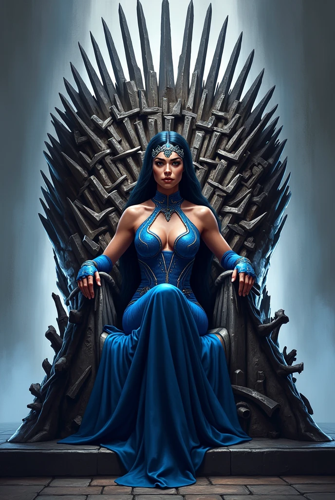 Create an image of Kitana from Mortal Kombat with her suit and fans sitting on the Iron Throne