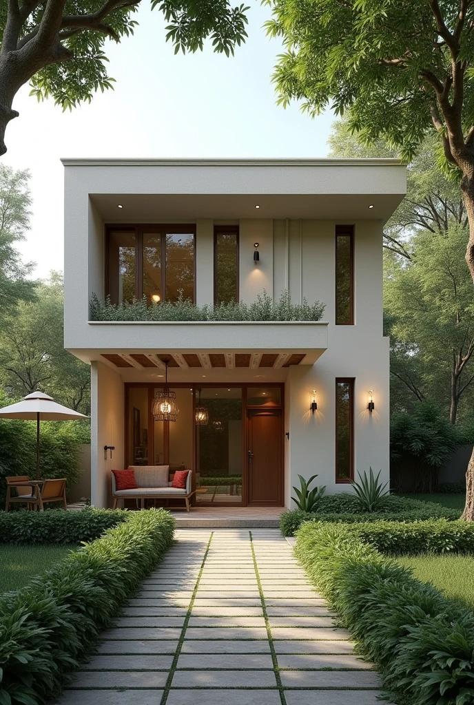 Generate pic of a house containing 3rooms of size 5×5 and a room of 7×7 and washroom and kitchen of 3×3 and little garden under roof typical south asian Pakistani home. Roof should be plane and building is single story. There should be only one floor