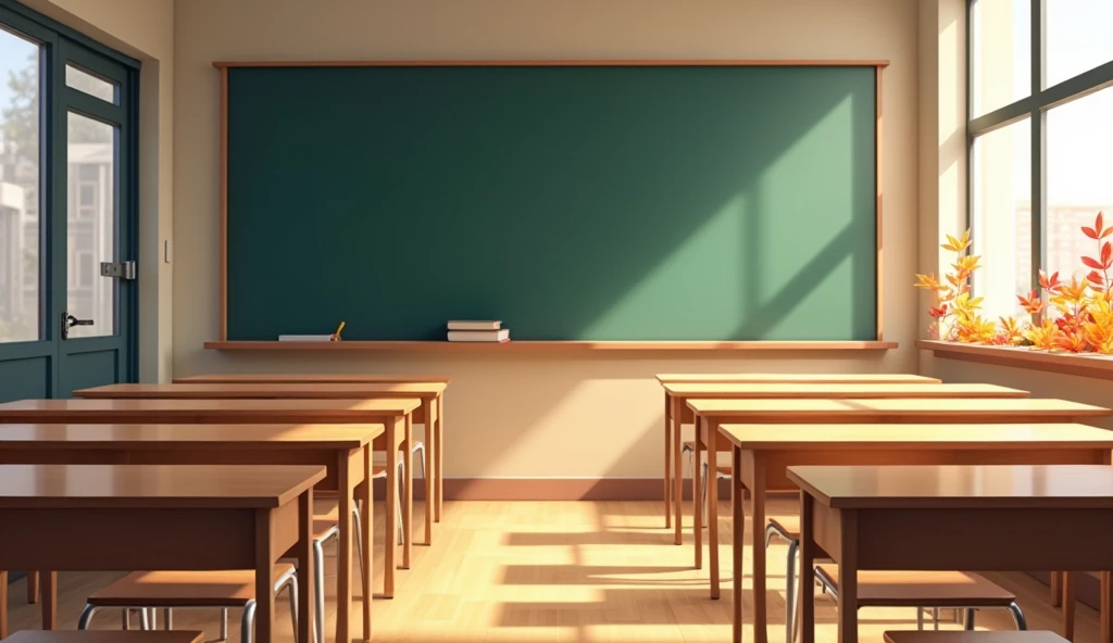 Clean classroom background with wooden desks and a chalkboard, light streaming through the windows, subtle autumn decorations such as a few red and orange leaves on the windowsill